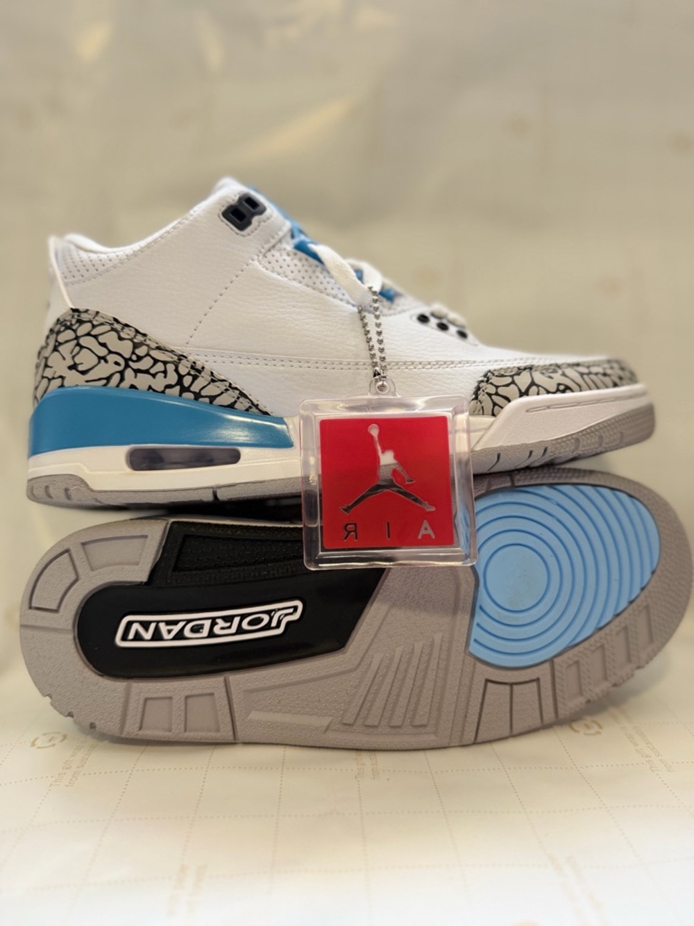 Jordan White and Blue Kids Basketball Sneakers with Elephant Print